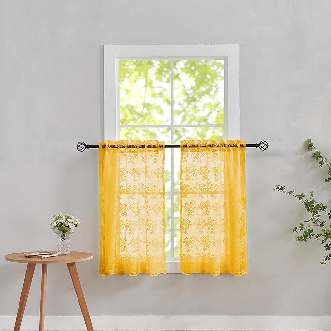 YJ YANJUN Vintage Lace Curtains Short - Mustard Yellow Floral Boho Cafe Curtains 30 Inch Length Sheer Coffee Cabinet Curtain Panels for Kitchen Bathroom Basement Retro Fall Decor Gold W26xL30 Inch