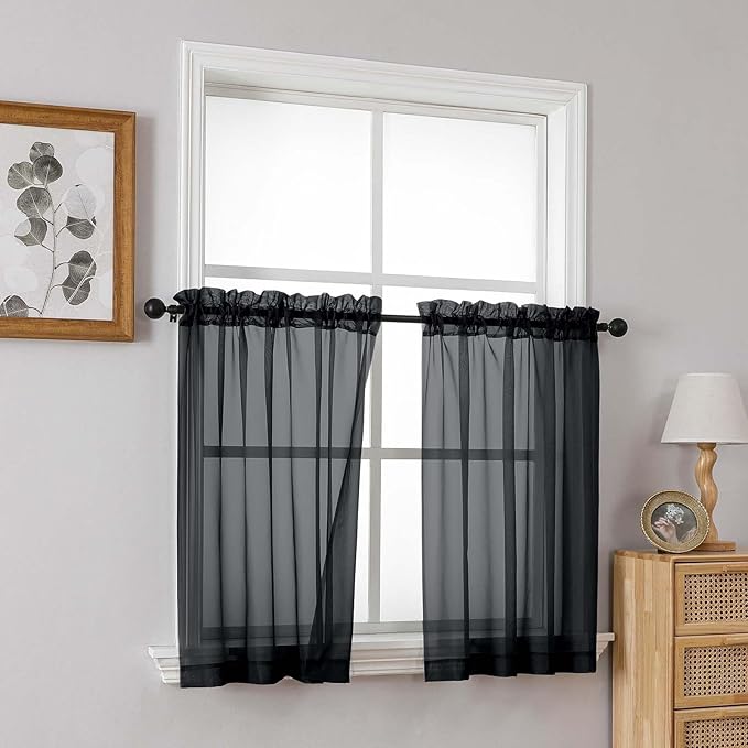 Black Small Sheer Curtains Tier 24 Inches Length 2 Pieces, Light Filtering Cafe Curtains Sheers for Living Room Bathroom, Modern Window Treatments Dual Rod Pocket Panels, 2X42Wx24L Inches