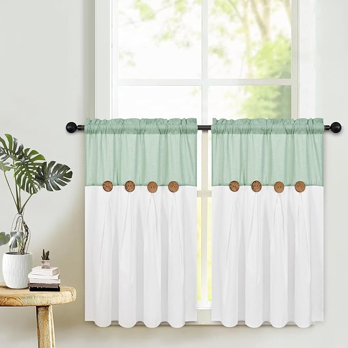 FRAMICS Boho Kitchen Curtains 36 Inch Length, Farmhouse Cotton Linen Tier Curtains, Rustic Button Short Curtains for Windows, Sage Green Country Cafe Curtains, Rod Pocket Small Window Curtains, 26x36
