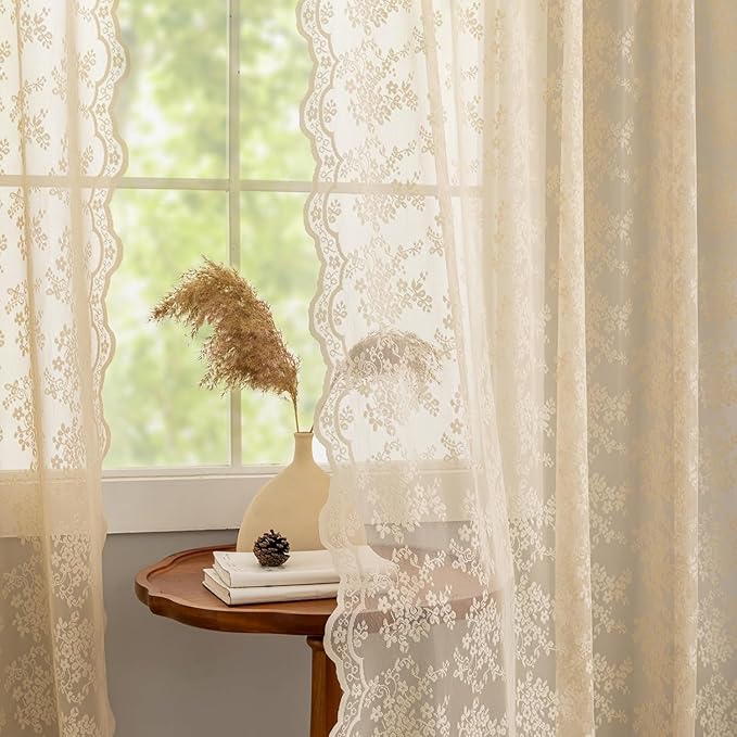 YJ YANJUN Vintage Lace Curtains-Victorian Floral Sheer 80 inch Long Curtains for Closet Without Door Living Room Hallway Light Filtering Retro Closet Door Covering Ideas 1 Pair W52 X L80 Light Beige
