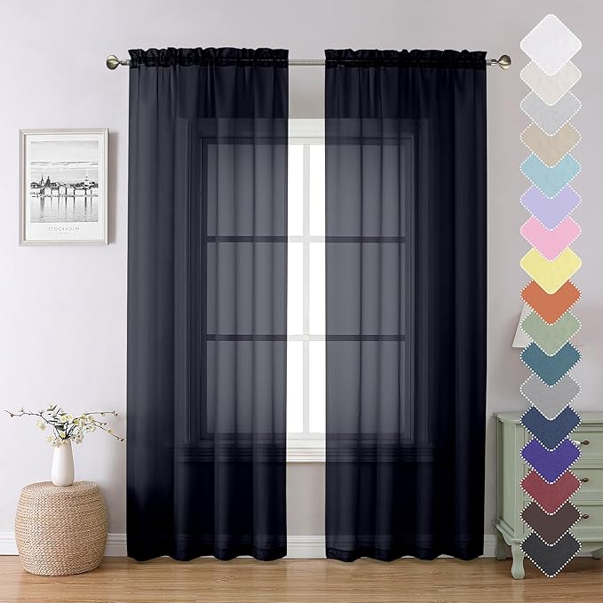 Lecloud Black Sheer Curtains 84 Inches Long 2 Panels, Solid Voile Light Filtering Airy Window Treatments for Living Room Bedroom, Lightweight Breathable Drapes with Dual Rod Pocket, 40" W x 84" L