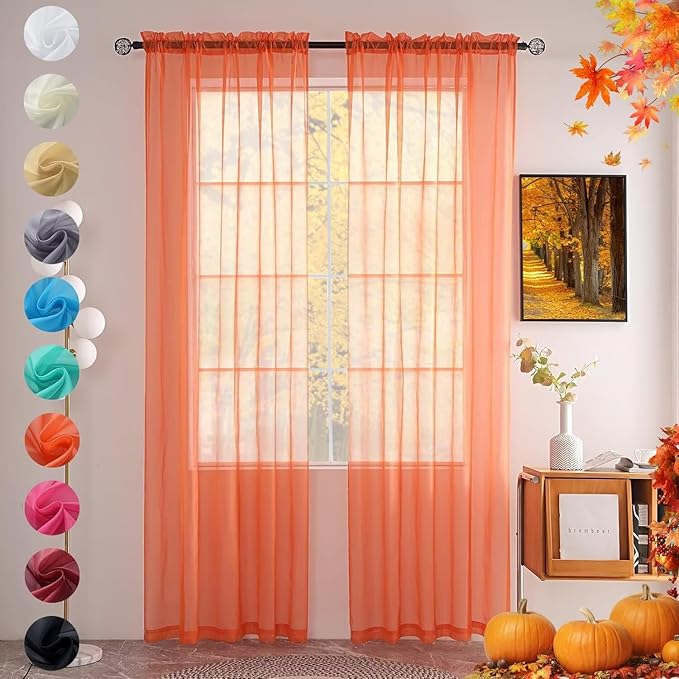 youleyar Solid Sheer Rod Pocket Curtain Voile Draperies 2 Panels White Beige Black Grey Coffee 52 Inch Width 63 Inch Long 1 Pair for Kitchen Bedroom Children Living Room Yard (Orange Red,52Wｘ63L)