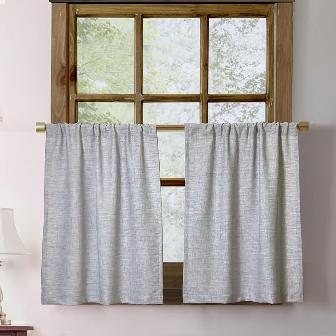 Oindec Faux Linen Kitchen Curtains 24 Inch Length Cafe Curtain Tiers for Living Room Basement Bathroom Windows Country Rustic Small Short Curtains, Set of 2, Grey