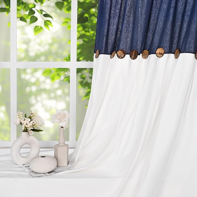 FRAMICS Farmhouse Cotton Linen Curtains for Living Room, Boho Button Curtains 84 Inch Length 2 Panels Set, Navy Blue Rustic Country Linen Window Curtains for Bedroom, Rod Pocket Drapes, 52 x 84 Inch
