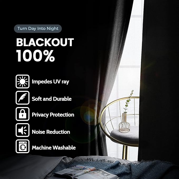 SimpleHome 100% Blackout Curtains for Bedroom,Thermal Insulated Grommet Window Drapes Room Darkening Black Curtains for Living Room with Black Back,42 x 63 Inch,2 Panels