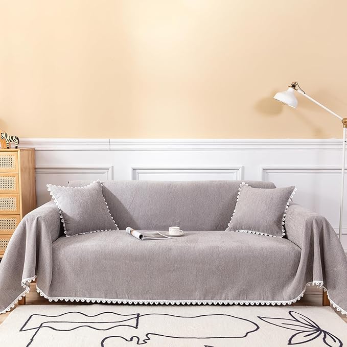 HANDONTIME Couch Cover for Dogs Grey Sectional Couch Covers for 3 Cushion Couch Sofa Flower Lace Sofa Covers Machine Washable Easy Install Futon L Shaped Couch Cushion Covers for Cat Kids, 71" X150"