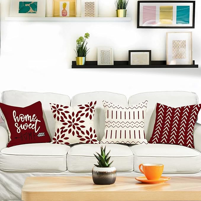 YCOLL Christmas Pillow Covers 22x22 Set of 4, Modern Sofa Throw Pillow Cover for Christmas Decor, Decorative Outdoor Linen Fabric Pillow Case for Couch Bed Car, Wine Red