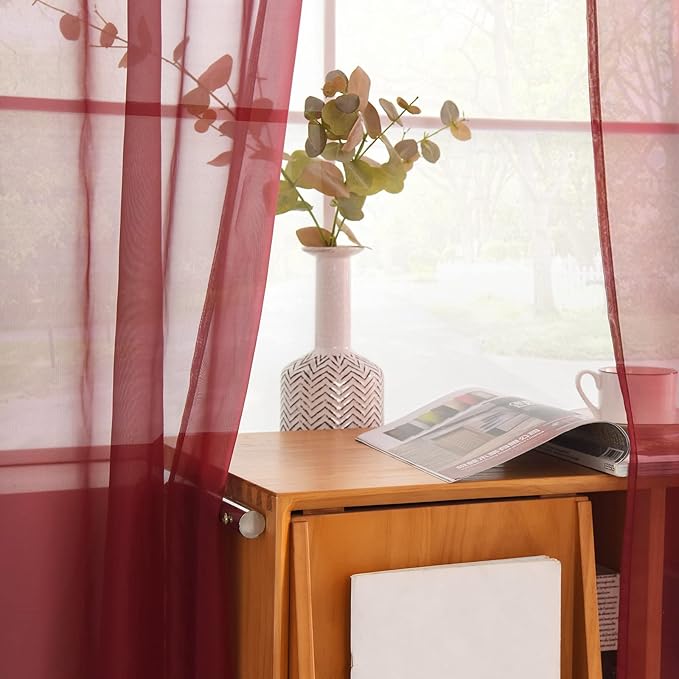 youleyar Solid Sheer Rod Pocket Curtain Voile Draperies 2 Panels White Beige Black Grey Coffee 52 Inch Width 45 Inch Long 1 Pair for Kitchen Bedroom Children Living Room Yard (Wine Red,52Wｘ45L)