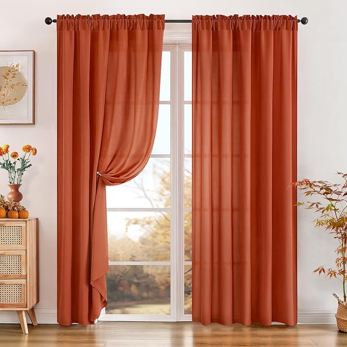 HOMEIDEAS Non-See-Through Fall Burnt Orange Privacy Sheer Curtains, 52 X 72 Inches Long 2 Panels Sheer Curtains Light Filtering Window Drapes for Bedroom Living Room