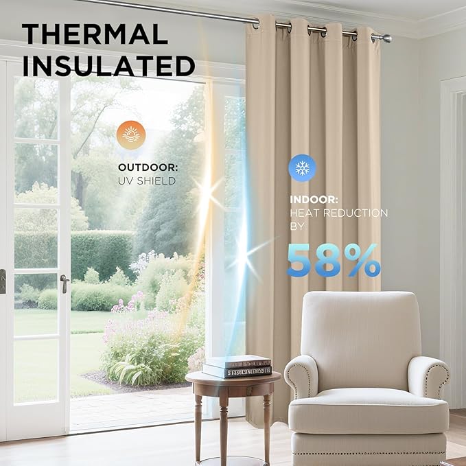 Joydeco Blackout Curtains 95 Inches Long 1 Panel, Thermal Insulated Long Curtains& Drapes 1 Piece, Room Darkening Grommet Drapes for Living Room Bedroom Window (W70 x L95 Inch, Light Beige)