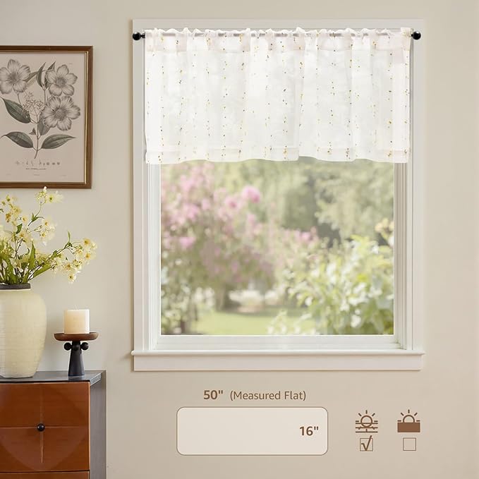 jinchan Valance Curtains for Windows 16 Inch Colorful Mini Pom-Pom Country Farmhouse Kitchen Valance Semi Sheer Voile Samll Window Treatment for Bedroom Living Room Rod Pocket 1 Panel Sunlit Grove