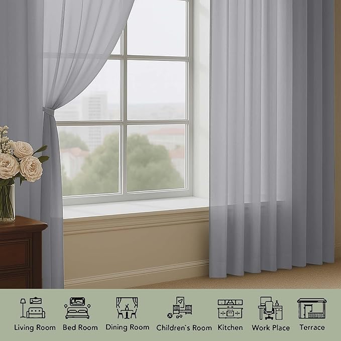 OWENIE Grey Sheer Curtains 72 Inches Long 2 Panels Set, Transparent Voile Sheer Curtain for Living Room Bedroom Window Sliding Glass Door Treatment, 59 x 72 Inch, Grey