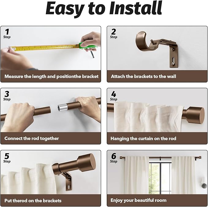 GEEBOBO Bronze Curtain Rods for Windows 120 to 240 Inch, 1 Inch Extra Long Heavy Duty Easy Install Adjustable Curtain Rods Set for Outdoor, Farmhouse, Bedroom, Living Room (Bronze, 30"-240")