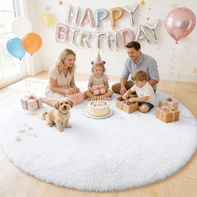 OLANLY White Round Rugs for Bedroom - Machine Washable, 7 ft Circle Area Rugs for Living Room, Soft and Fluffy Shaggy Carpet for Teen Girls and Boys, Nursery Rooms, Dorms, Home Decor Aesthetic