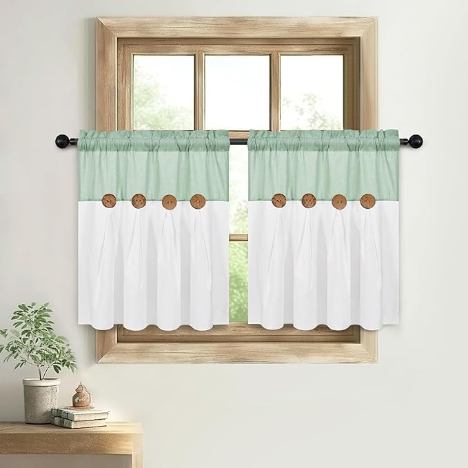FRAMICS Boho Kitchen Curtains 24 Inch Length, Farmhouse Cotton Linen Tier Curtains, Rustic Button Short Curtains for Windows, Sage Green Country Cafe Curtains, Rod Pocket Small Window Curtains, 26x24