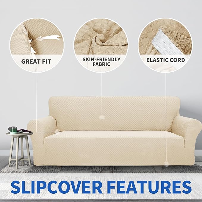 ZNSAYOTX 1 Piece Jacquard Couch Covers for 3 Cushion Couch Living Room High Stretch Sofa Cover Pets Dogs Friendly Anti Slip Thickened Slipcovers Furniture Protector (Sofa, Light Biege)