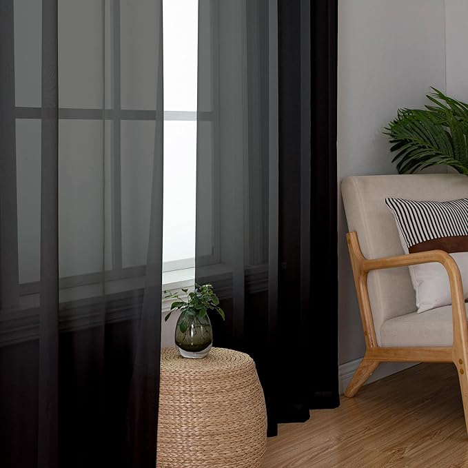 Aiyufeng 2 Panels Solid Color Semi Transparent Sheer 84" Length Window Curtains, Elegant Voile Panels/Draperies/Treatment for Bedroom Living Room Black, 2 Panels=80" W