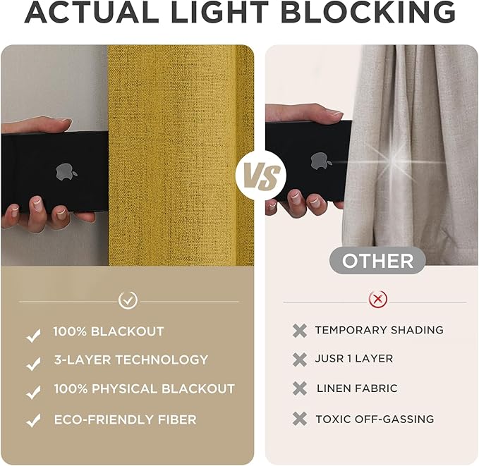 Joydeco Blackout Curtains for Bedroom - 100% Light Blocking 2 Panels Set Yellow Drapes 66" W x 90" L, Thermal Insulated Room Darkening Curtains, Linen Textured for Living Room, Rod Pocket & Back Tabs
