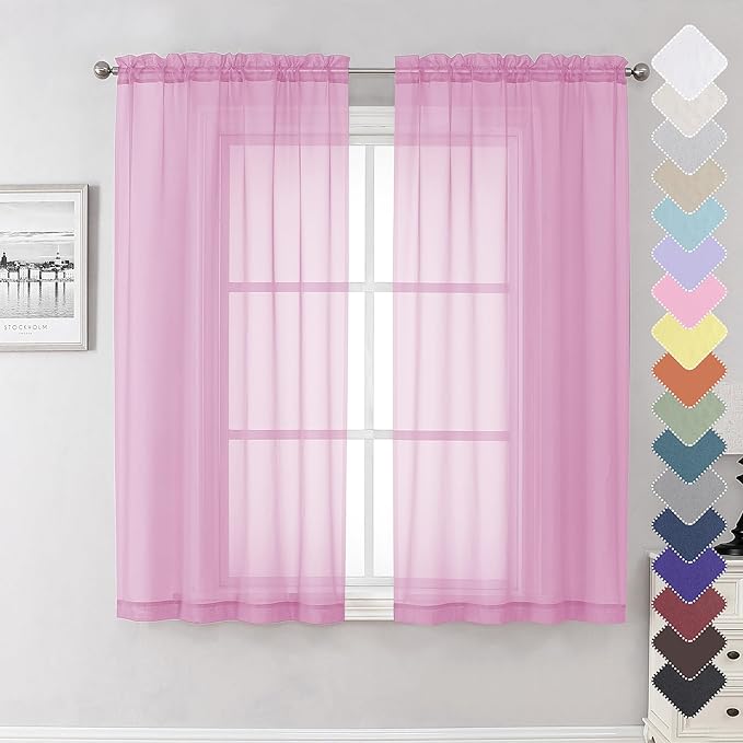 Lecloud Light Pink Sheer Curtains 63 Inch Length 2 Panels Set, Elegant Voile Window Curtains for Bedroom Living Room, Airy Sheer Drapes for Dinning Room with Rod Pocket, Each Panel 42 X 63 Inch