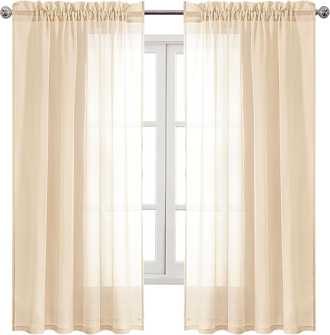 DWCN Beige Sheer Curtains Semi Transparent Voile Rod Pocket Curtains for Bedroom and Living Room, 60 x 63 inches Long, Set of 2 Panels