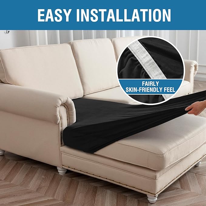 Couch Cover 8-Piece Elastic Velvet Couch Cushion Covers & Chaise Slipcovers for L-Shaped Sofas, Sofa Seat Covers Washable, Soft Cover for Couches (7 Seater + Chaise, Black)