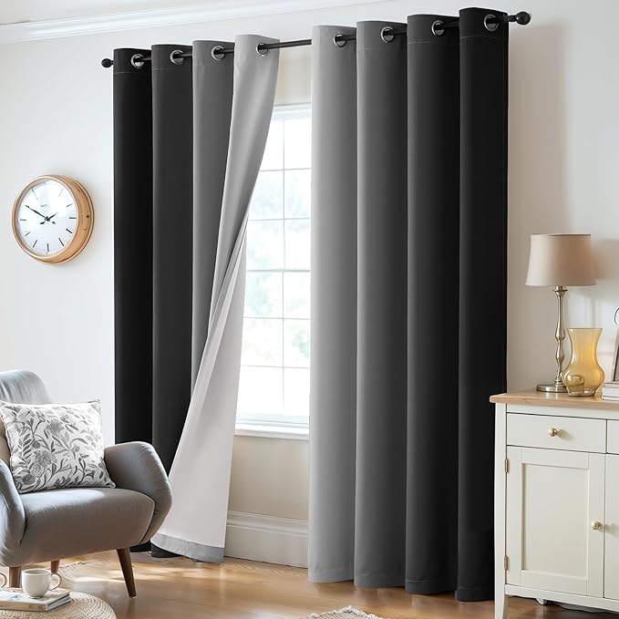 Yakamok 100% Blackout Curtains 72 Inch Length 2 Layers,Black Curtains for Bedroom Ombre Room Darkening Grommet Gradient Drapes, Light Blocking Thermal Insulated Window Curtains for Living Room