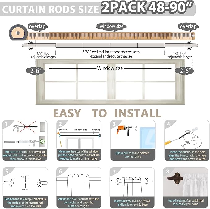 TVWOO Bronze Wrap Around Curtain Rods 2 Pack:Small Blackout Adjustable Window Curtain Rod for Bedroom Kitchen Apartment Renter Friendly,Room Darkening Curved Drapery Rods Easy Install,Brown 48-90 Inch