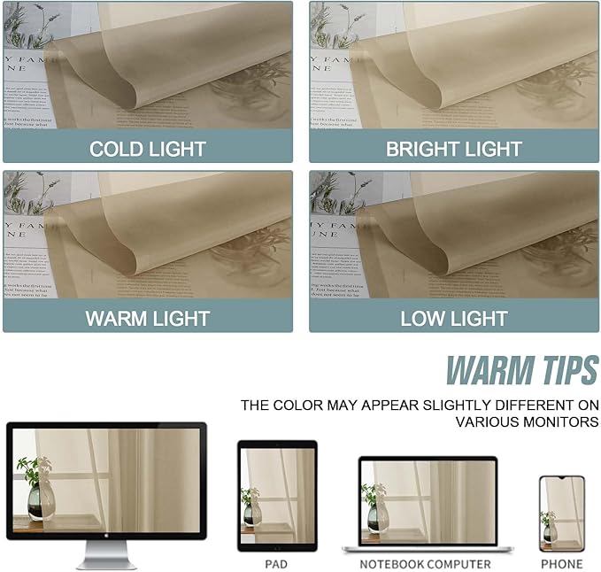 Taupe Window Sheer Curtains 54 inch Length, Soft Airy Light Filtering Sheer Curtain 2 Panels Set, Dual Rod Pocket Gauze Taupe Drapes for Living Room Bedroom, 2x42Wx54L Inches