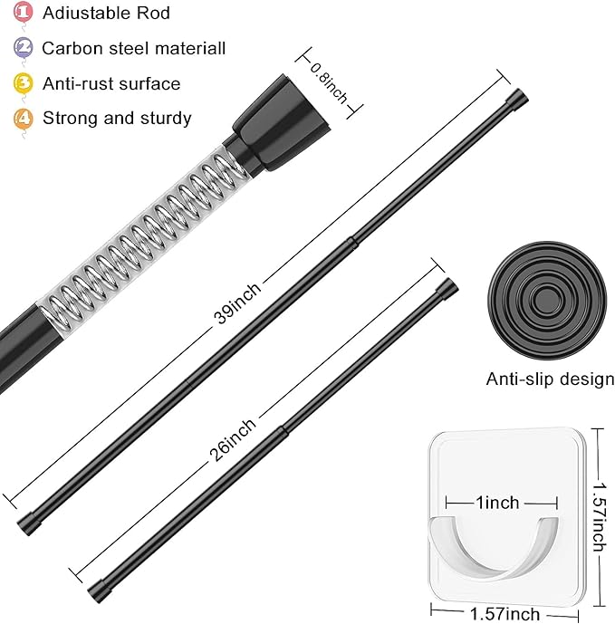 AIZESI Spring Tension Rods Adjustable Tension Curtain Rod Small Tension Rod No Drilling Expandable Spring Loaded Curtain Tension Rod（Black,26" to 39"-6Pcs)