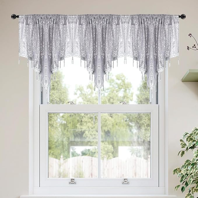Molaxhome Swag Curtain 51 inch Length Rod Pocket Scalloped Curtain Valance Sheer Lace Panels with Hanging Crystal Beads for Kitchen Bedroom Window Treatments Drape Decor 1pc (Sequin Silver, 51Wx23L)