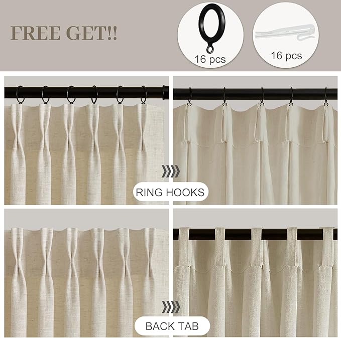 IVAPUPU Sheer Curtains 84 Inches Long for Living Room, Pinch Pleated Linen Blend Curtain Rustic Textured Light Filtering Back Tab Drapes with Hooks Rings for Bedroom Dining Room, Sand Beige, W40xL84