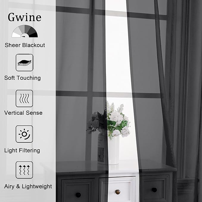 Gwine Black Sheer Curtains 30 Inch Length, Short Light Filtering Voile Small Cafe Kitchen Curtains with Rod Pocket, Short Curtain for Bathroom Window, 42x30 Inch, 2PCS