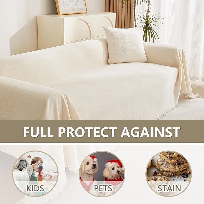 MYSKY HOME Beige Couch Covers Boho Style Chenille for 2 Cushion L-Shape Washable Couch Blanket with Tassel Pet Cushion Cover, 71" X102