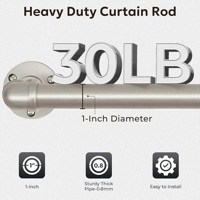Zeerobee Curtain Rods for Windows 72 to 144, 1 Inch Industrial Wrap Around Brushed Nickel Curtain Rod, Indoor/Outdoor Room Divider Adjustable Drapery Pole, 72"-144"