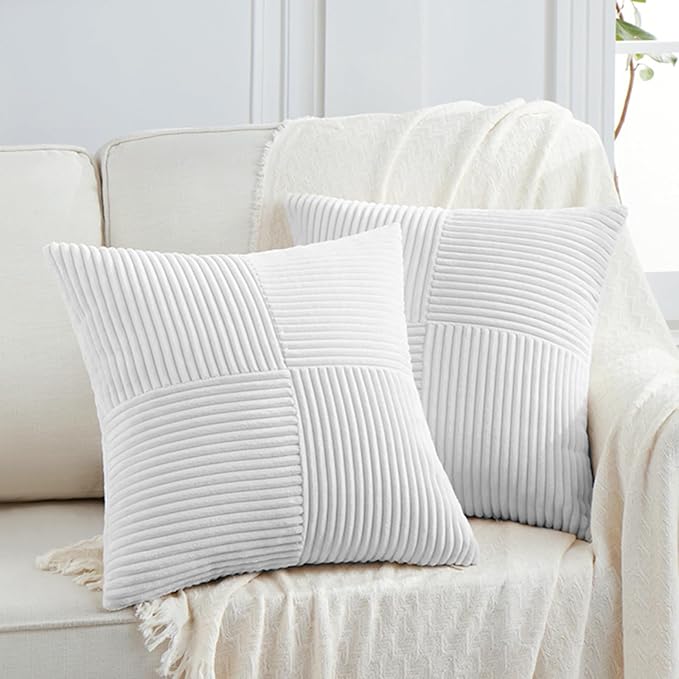 Fancy Homi 2 Packs Pure White Decorative Throw Pillow Covers 16x16 Inch for Living Room Couch Bed, Rustic Farmhouse Boho Home Decor, Soft Corss Patchwork Corduroy Textured Square Cushion Case 40x40 cm