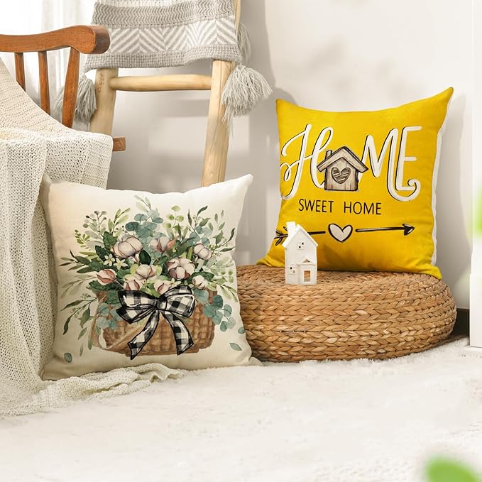 AVOIN colorlife Bless Our Home Farmhouse Eucalyptus Leaves Throw Pillow Covers, 20 x 20 Inch Yellow Truck Home Sweet Cushion Case Decorations Set of 4