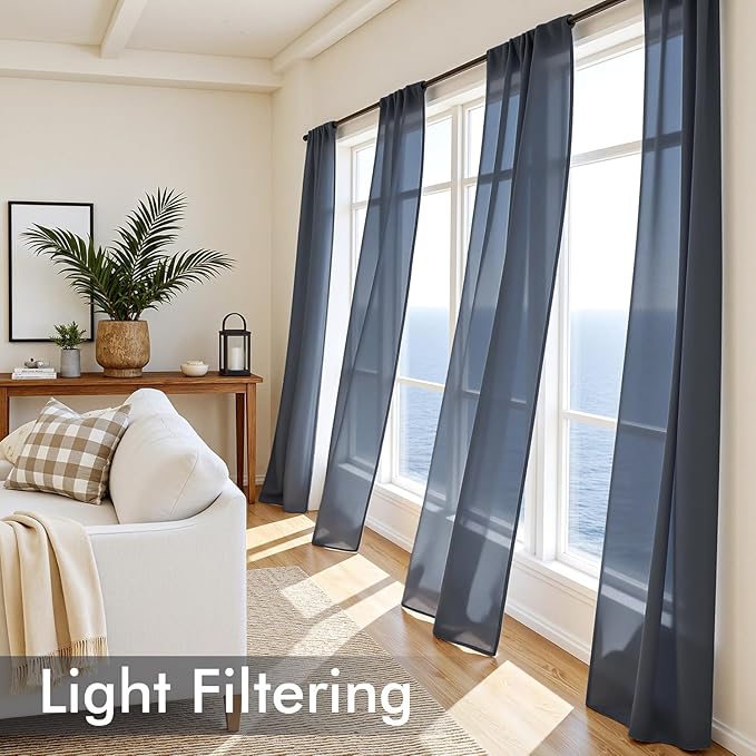 MIULEE Navy Blue Sheer Curtains 90 Inches Long, 4 Panels Set, Light Filtering Rod Pocket Voile Drapes Window Treatments, Semi Transparent Airy Fabric for Bedroom and Living Room, 54 x 90 Inches