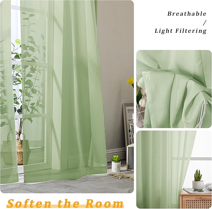 Gwine Light Green Sheer Curtains 63 Inch Length for Living Room 2 Panels, Light Filtering Rod Pocket Window Curtain Treatment for Bedroom, Voile Elegant Sheer Drapes，Each 42" Wx63 L, Light Green