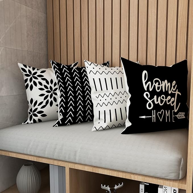 YCOLL Pillow Covers 18x18 Set of 4, Modern Sofa Throw Pillow Cover, Decorative Outdoor Linen Fabric Pillow Case for Couch Bed Car, Black