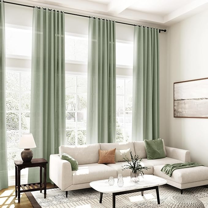 Desert Sage Linen 112 Inch Curtains for Living Room Light Filtering Semi Sheer Curtain Back Tab Rustic Farmhouse Decor Elegant Drapes Floor to Ceiling High Window for Bedroom 52x112, 2 Panels