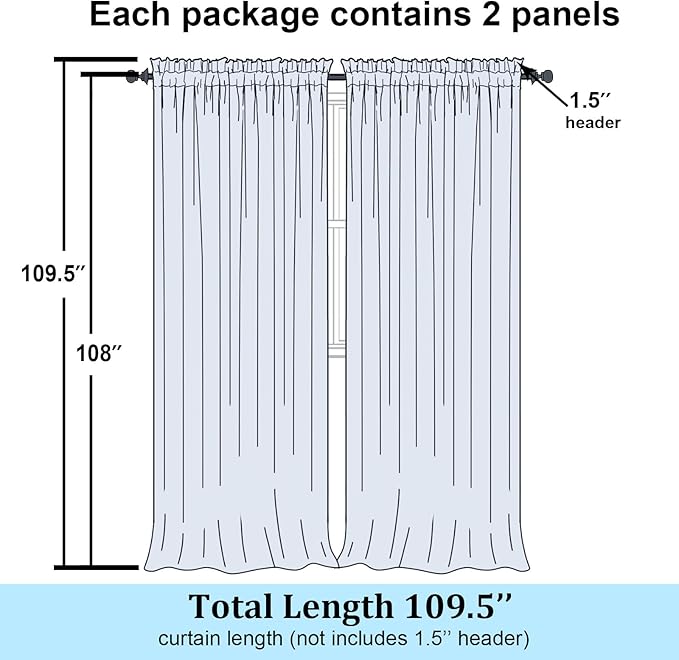 Simplebrand Sheer White Curtains 108 Inches Long, Extra Long Rod Pocket Solid Color Window Sheer Curtain Panels, Elegant Curtains & Drapes for Living Room, Bedroom 2 Panels (White, 59" W x 108" L)