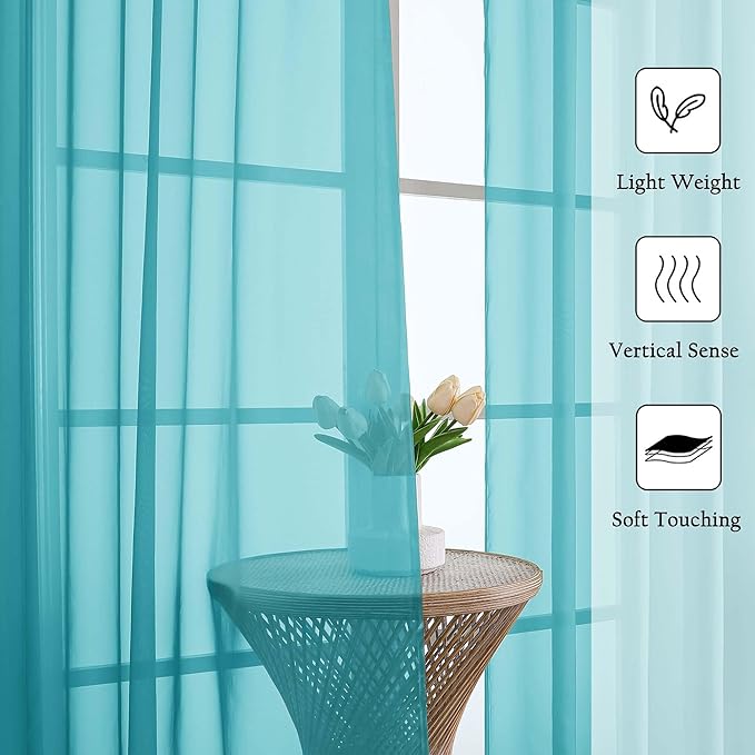 Lecloud Turquoise Sheer Curtains for Living Room Decor 84 Inches Long 2 Pcs, Light Filtering Airy Bedroom Curtains, Window Treatments Rod Pockets Drapes for Dining Room, Each Panel 59" W x 84" L