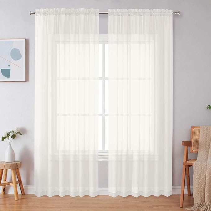 Simplebrand Ivory Sheer Curtains 84 Inches Long, Light Filtering Rod Pocket Solid Color Window Sheer Curtain Panels, Elegant Curtains & Drapes for Living Room, Bedroom 2 Panels (Ivory, 59" W x 84" L)