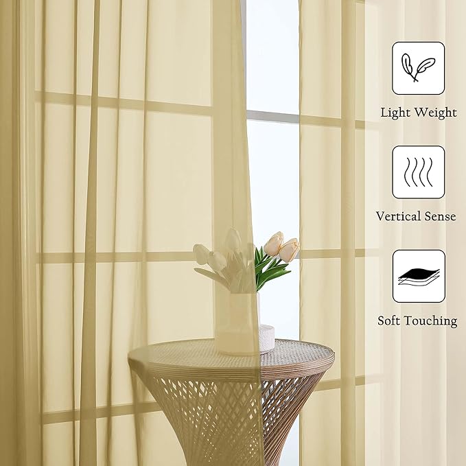 Lecloud Gold Sheer Curtains 90 Inches Long 2 Panels Set, Living Room Curtains for Bedroom Decor Dual Rod Pocket, Farmhouse Airy Light Filtering Solid Dining Room Drapes, Each Panel 59" W x 90" L