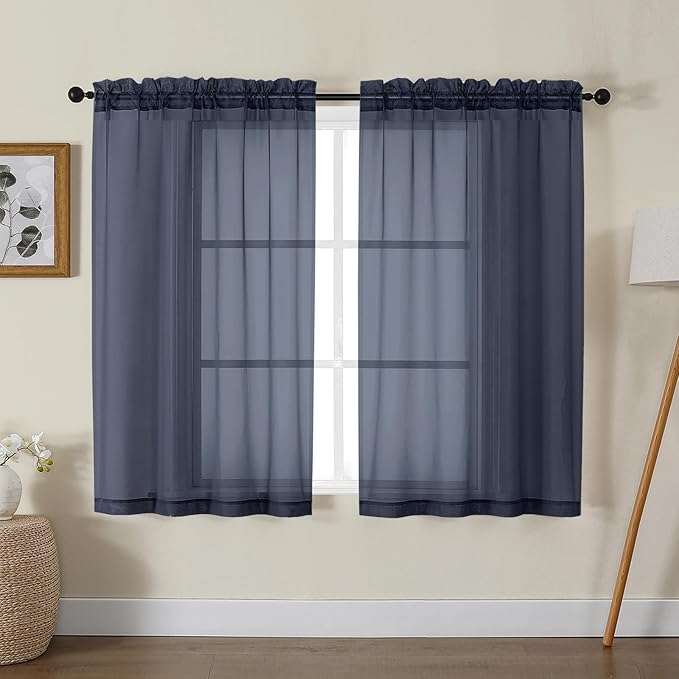 Gwine Navy Blue Sheer Curtains for Living Room 45 inches Long, Short Voile Light Filtering Window Treatments Sheer Curtains for Bedroom, Half Window Drapes with Rod Pocket, Each 42" Wx45 L