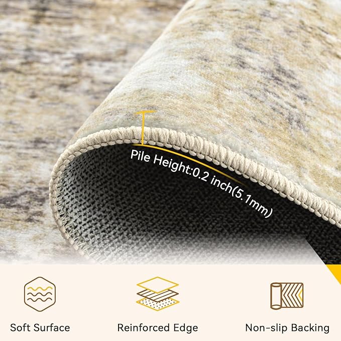 Washable Area Rugs 2'x8' Non-Slip Modern Abstract Soft for Living Room Entryway Bedroom Nursery, Print Pattern, Neutral Brown Gray