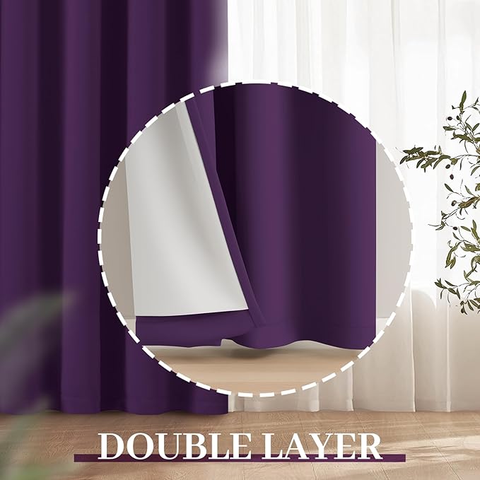Yakamok Room Darkening 100% Blackout Curtains Grommet Window Treatments with 2 Thick Layers-Purple Thermal Insulated Drapes Set of 2 Panels for Bedroom Living Room 38 Inches by 84 Inches Length
