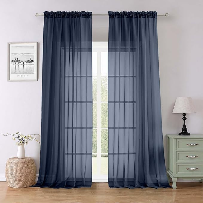 Lecloud Navy Blue Sheer Curtains 96 Inches Long 2 Pcs, Light Filtering Window Curtains for Living Room Bedroom Dining Room, Vintage Home Decor Rod Pockets Privacy Drapes, Each Panel 59" W x 96" L