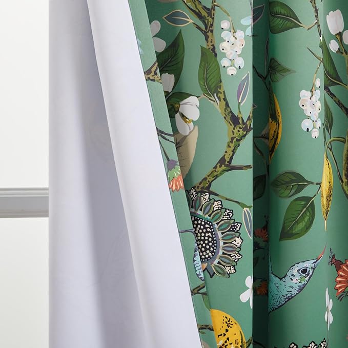 Topfinel Living Room Curtains 72 Inches Long Floral Spring Curtains, Vintage French Country Grommet Botanical Hummingbird Woodland Patterned Sage Green Lemon Drapes for Bedroom Dining Living Room