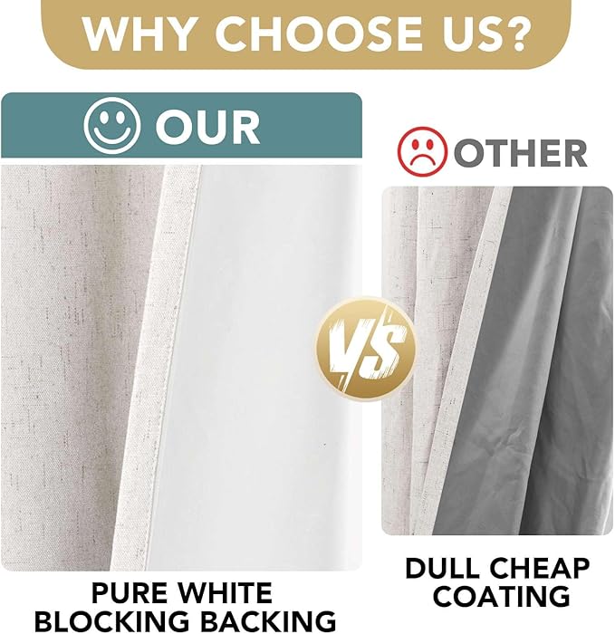 H.VERSAILTEX Ivory Curtains Blackout, 100% Blackout Linen Curtains with White Thermal Insulated Liner, Grommet Drapes Blackout Curtains for Living Room (2 Panels, 42 x 84 Inch, Ivory)
